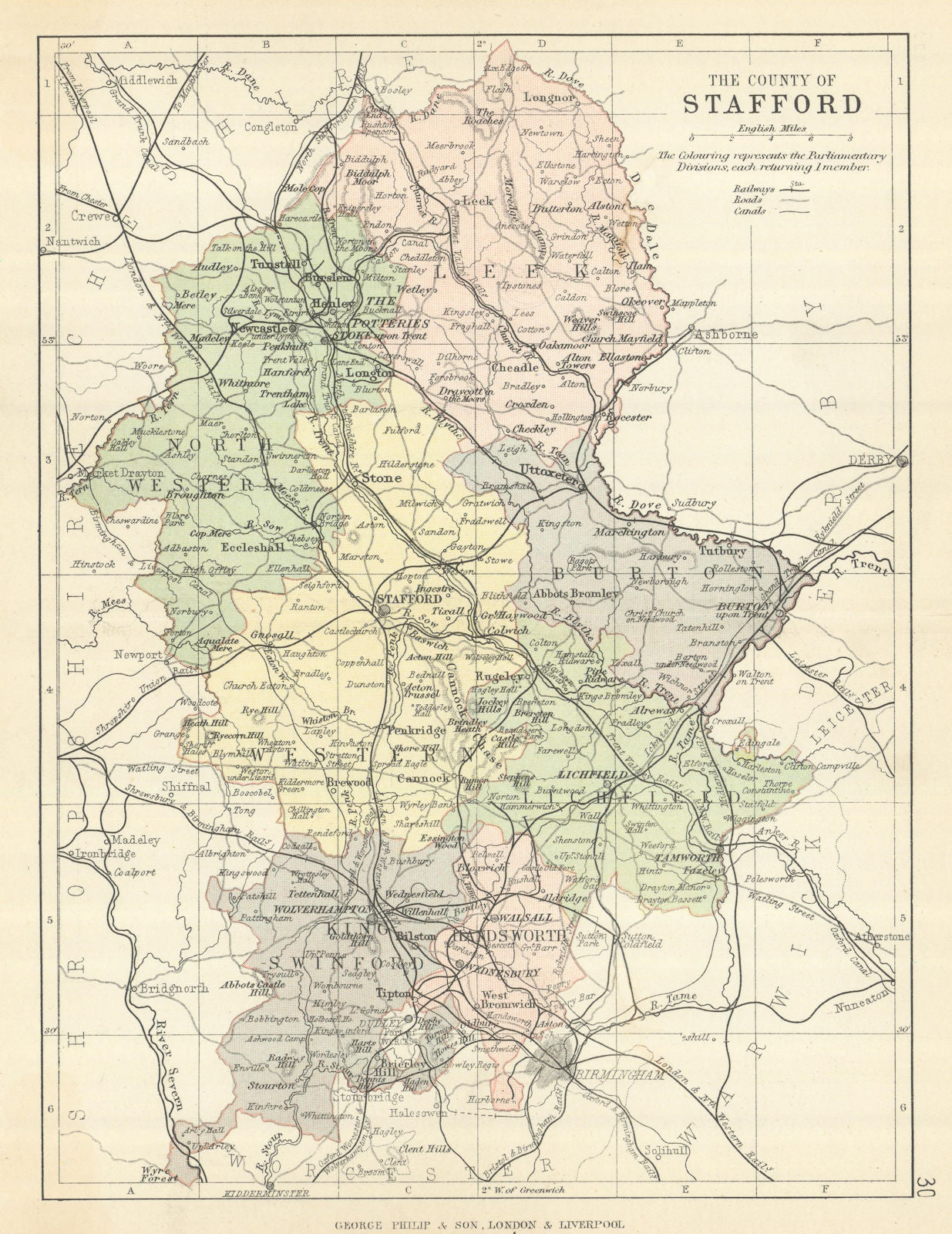 STAFFORDSHIRE. Antique county map. Railways canals. Constituencies. PHILIP 1889